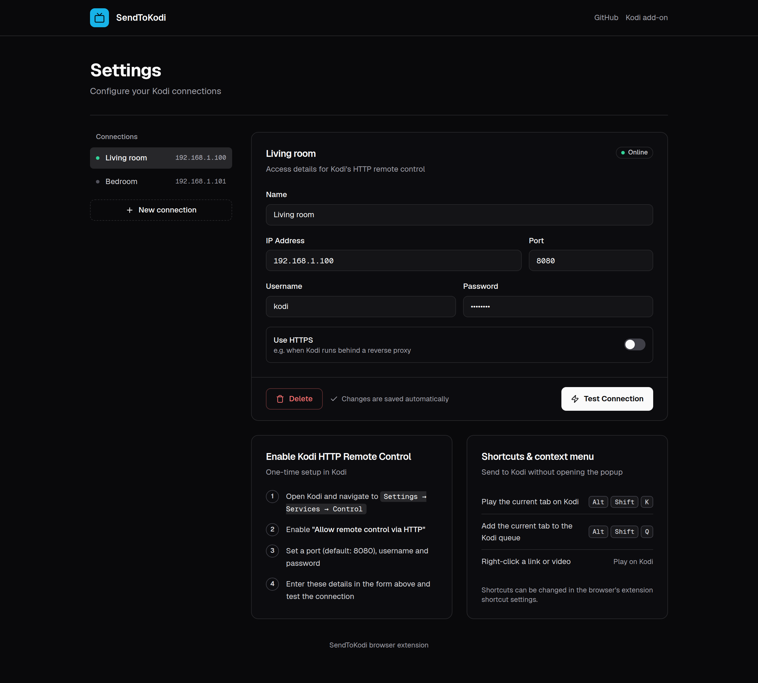 The settings page with the connection list, the connection form, the Kodi setup steps and the shortcuts