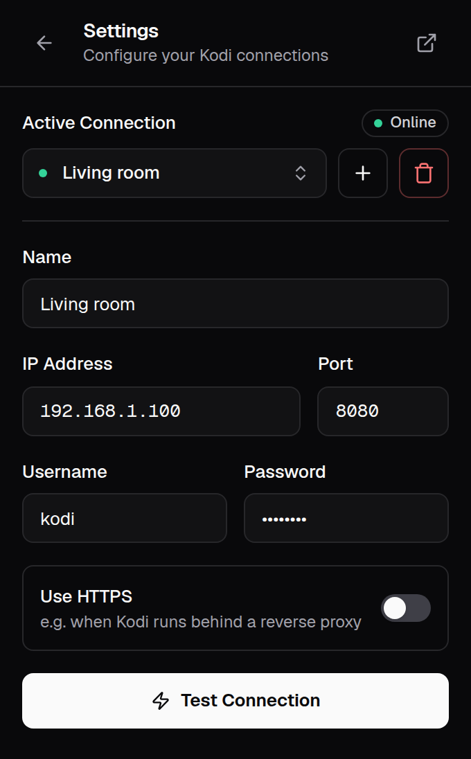 Connection settings in the popup