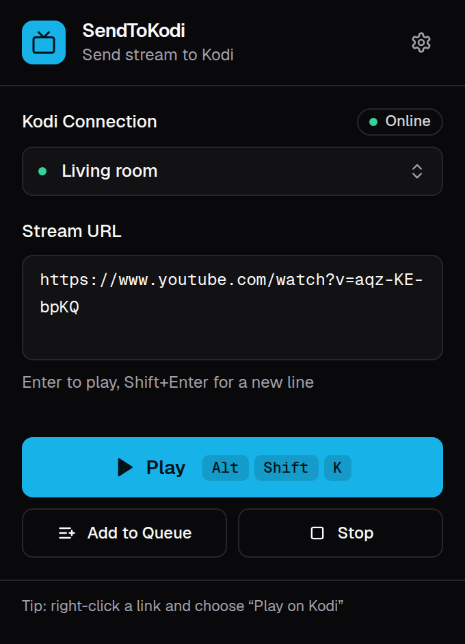 The SendToKodi popup with the current tab's URL and the Play button
