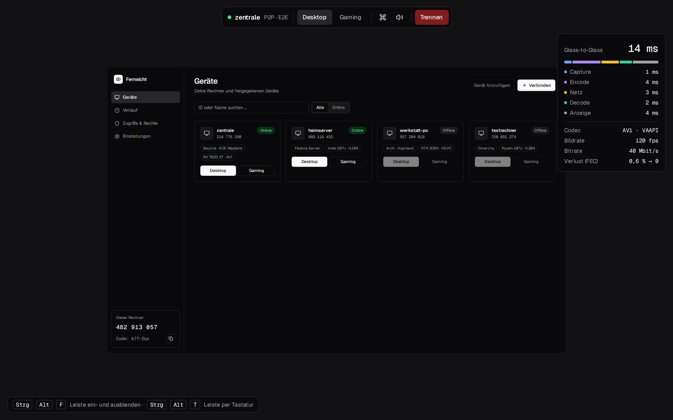 A Fernsicht session with the latency overlay