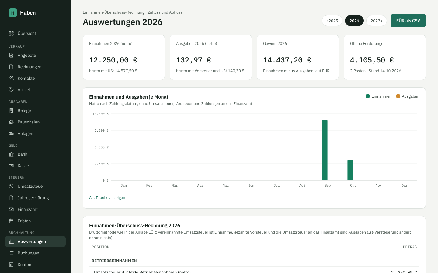 Auswertungen mit EÜR und Monatsdiagramm