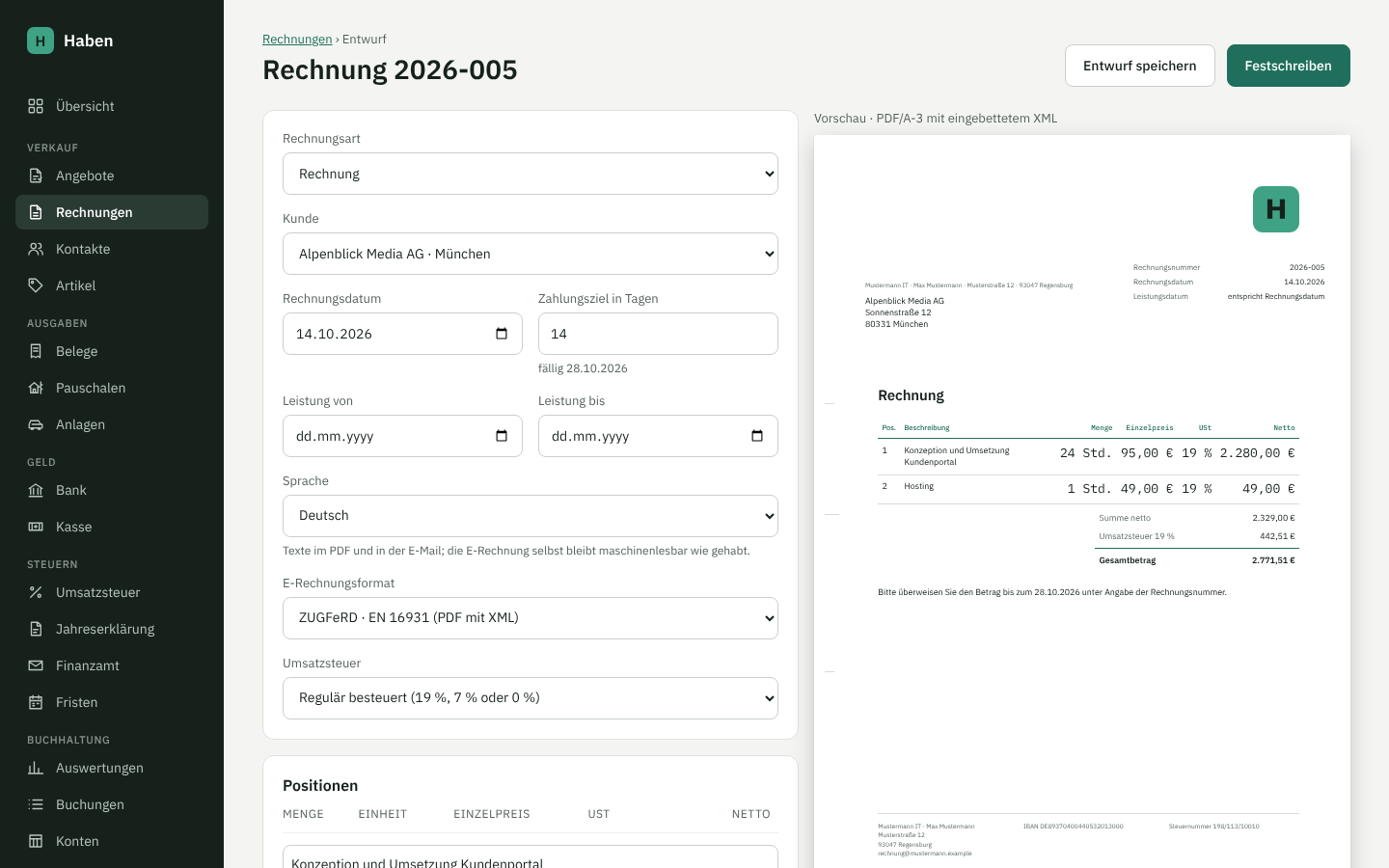 Rechnungseditor mit Live-Vorschau