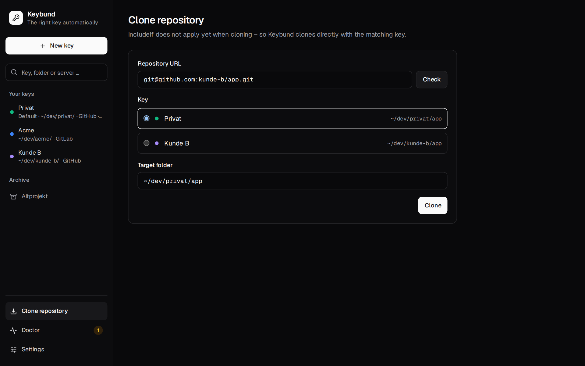 Clone helper: the repository URL, the keys that fit and the target folder