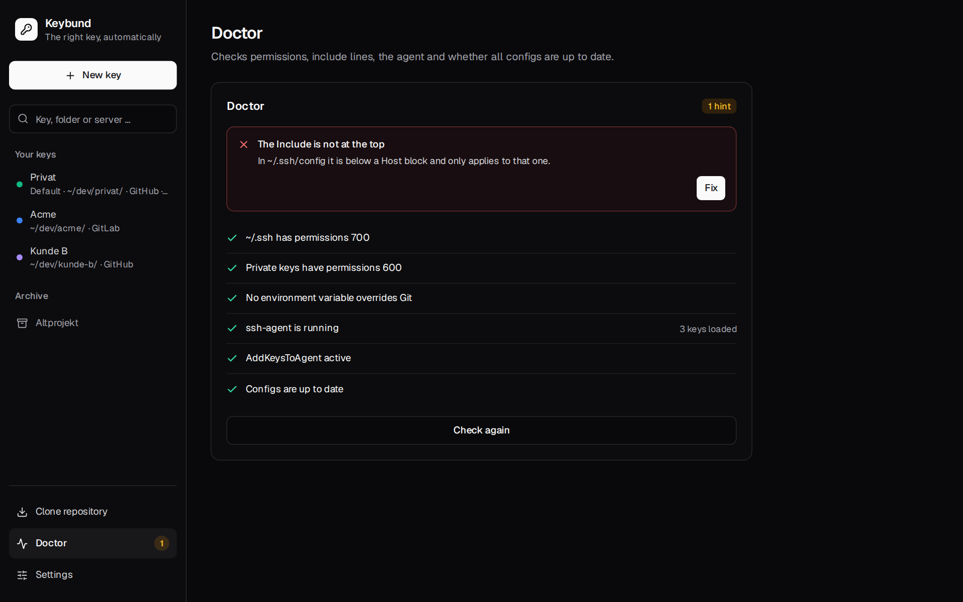 Doctor: one problem with a fix button, everything else fine