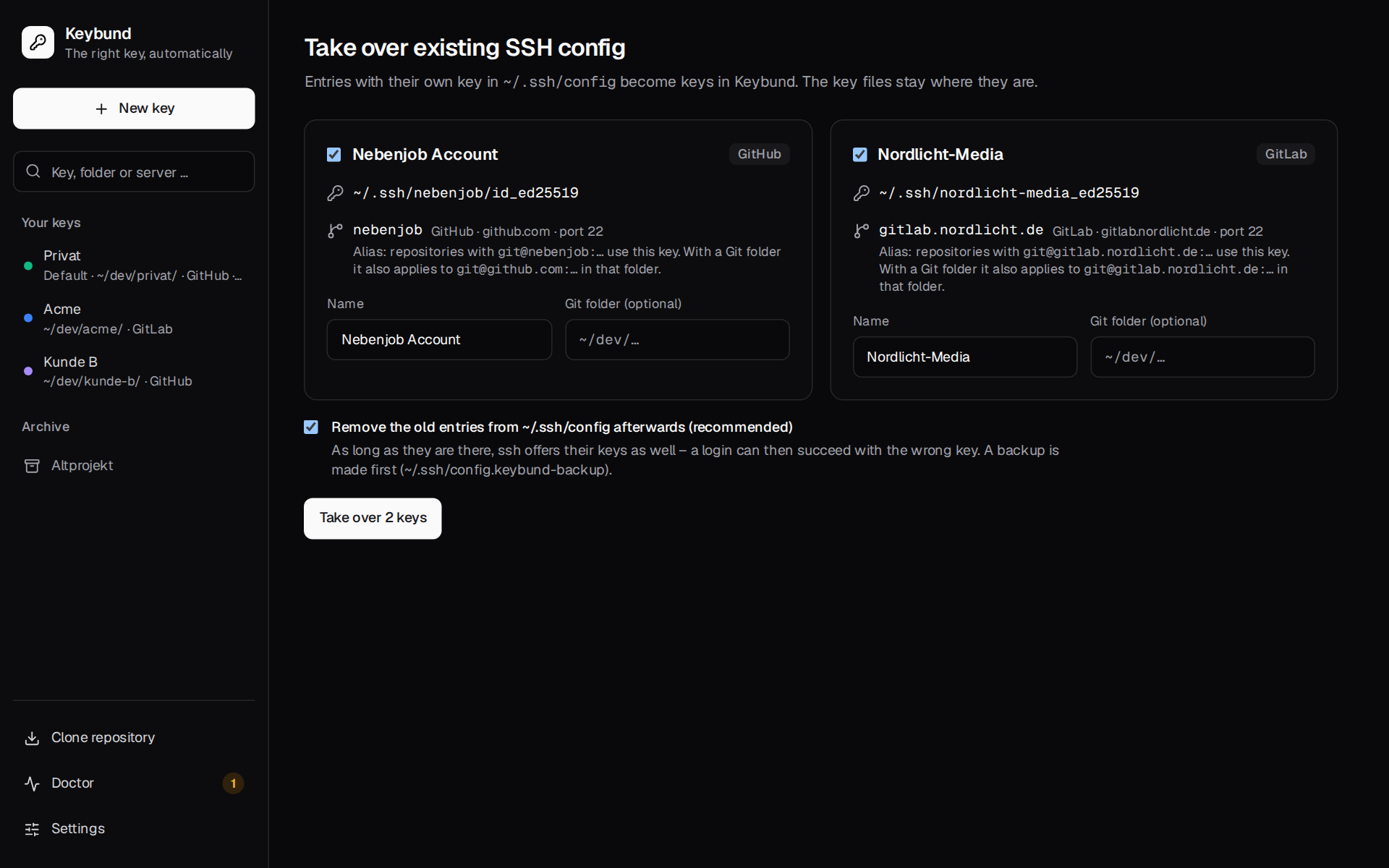 Taking over an existing ~/.ssh/config: one card per key with name and optional Git folder