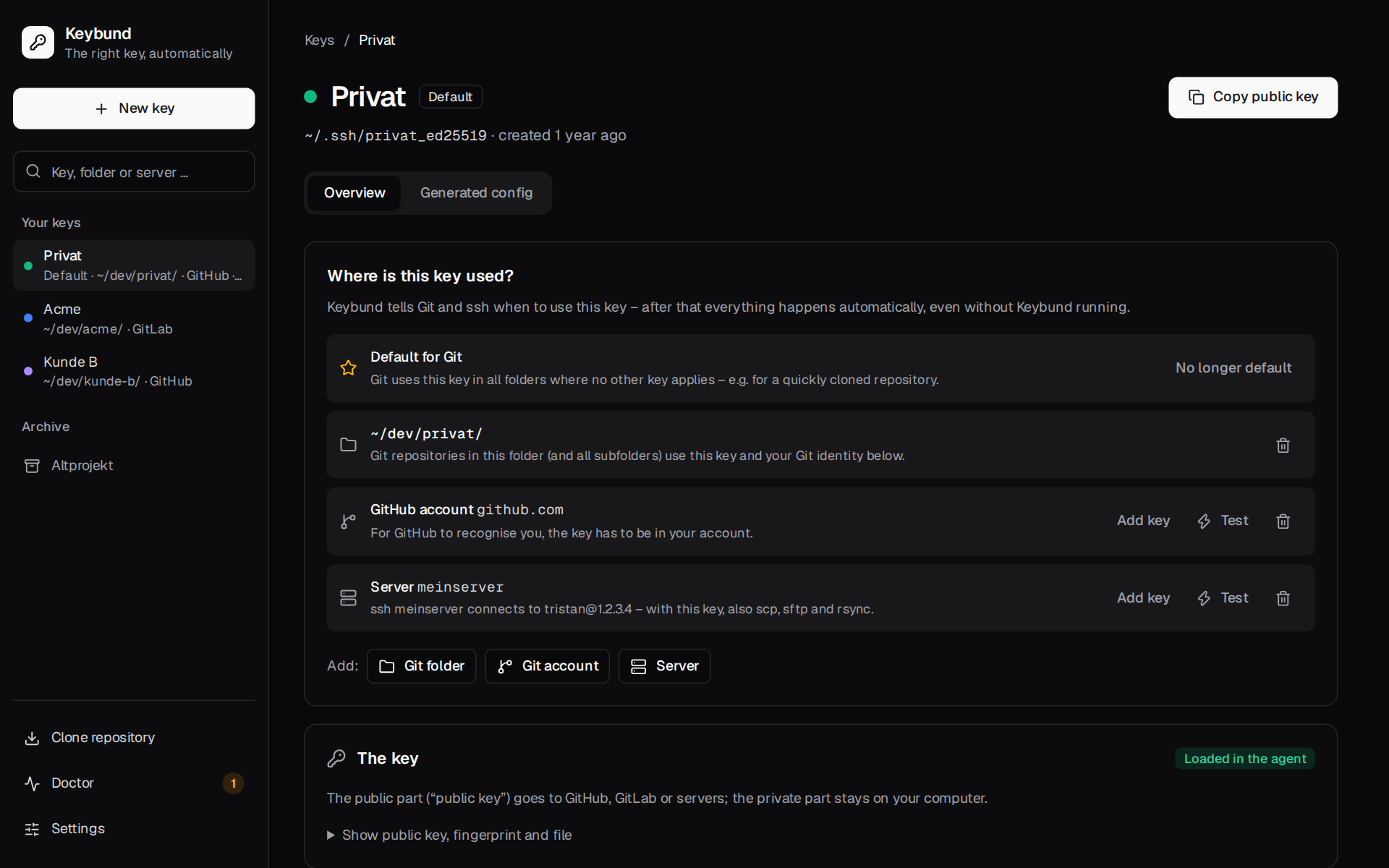 A key page: default for Git, a Git folder, a GitHub account and a server, each with “add key” and “test”