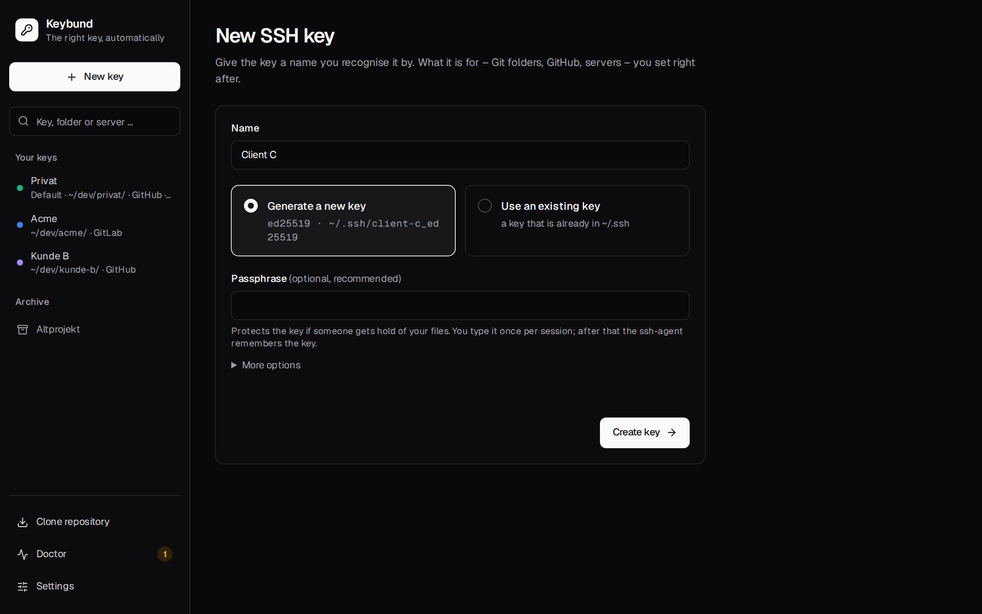 The “new key” form: a name, generate or take an existing key, an optional passphrase