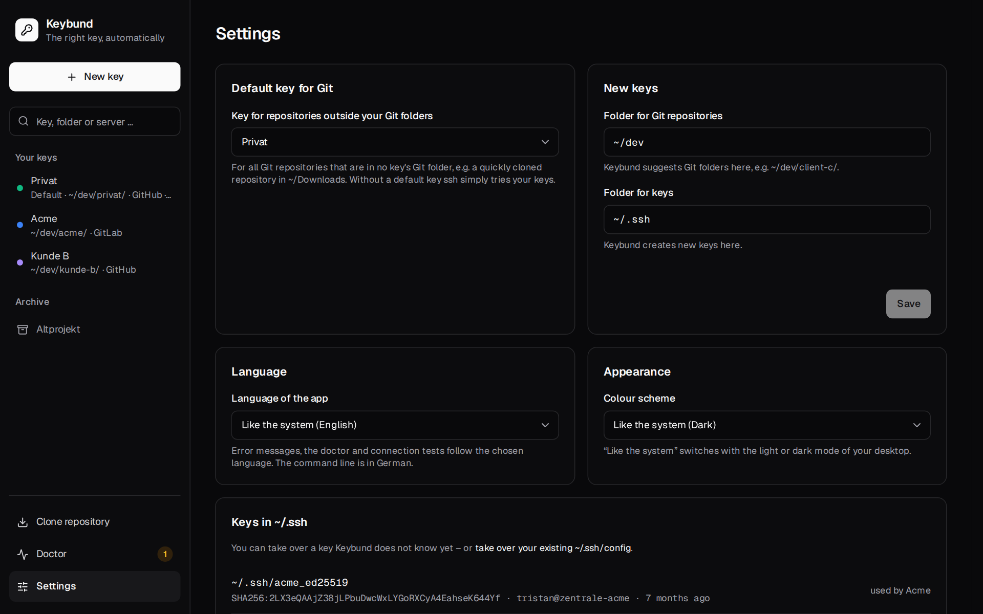 Settings: default key, folders for new repositories and keys, language, appearance, keys in ~/.ssh