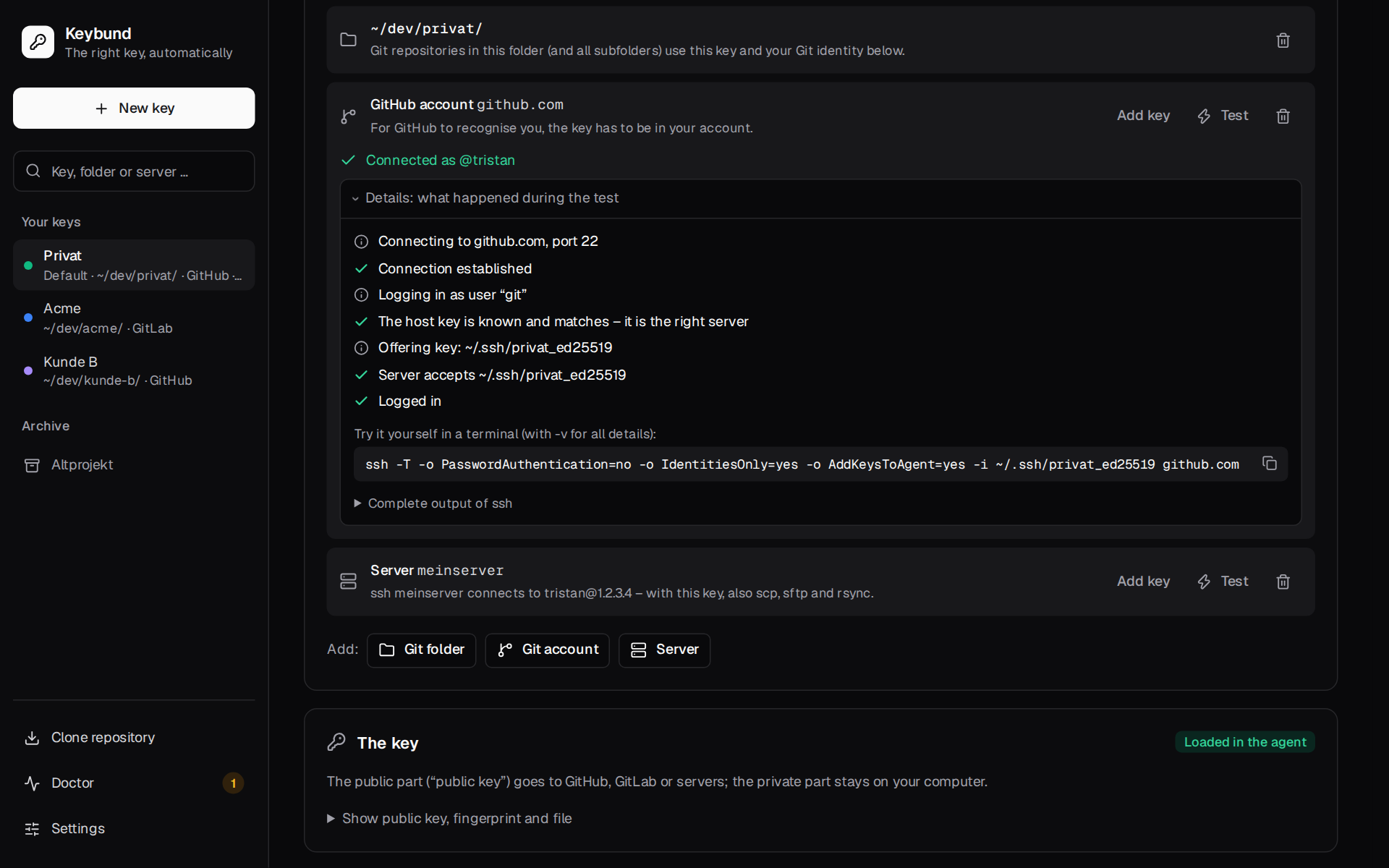 A successful connection test with the step-by-step explanation and the ssh command to try it yourself
