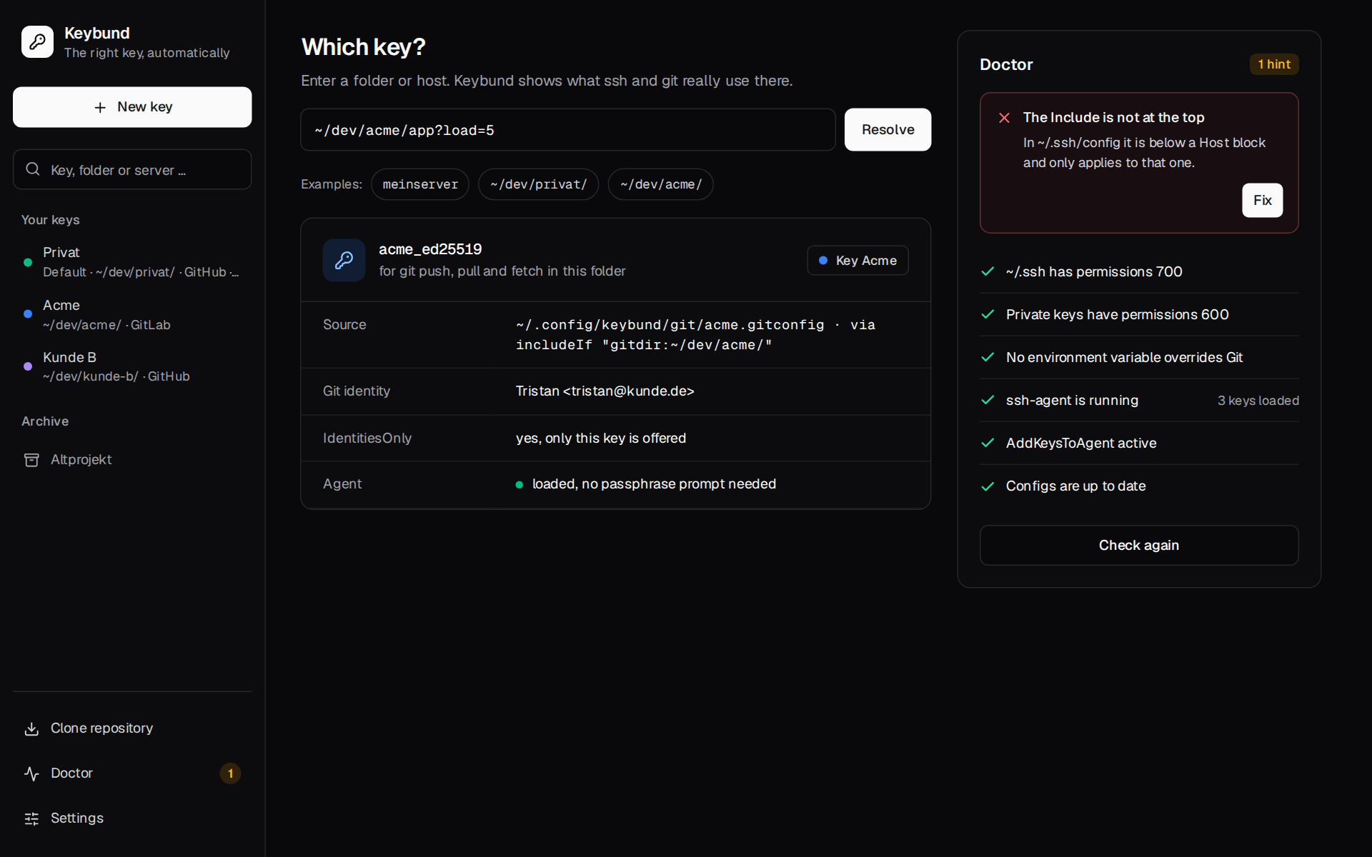 Which key applies in ~/dev/acme/app: the key, where the setting comes from, the identity, the agent
