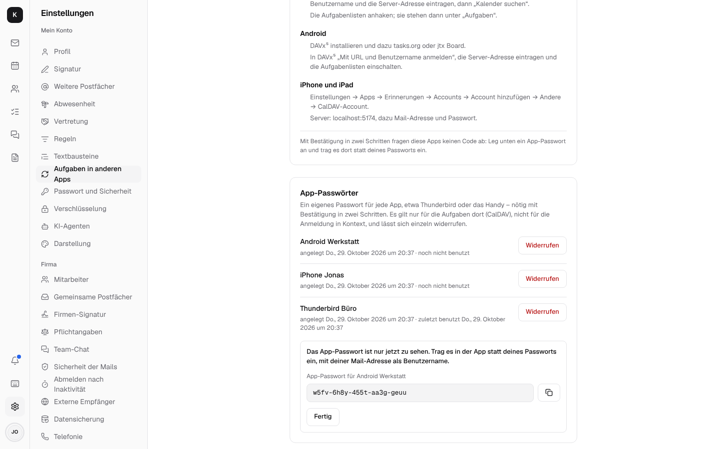 App-Passwörter in den Einstellungen