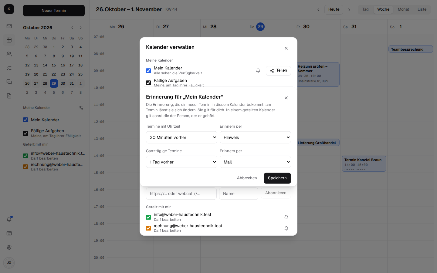Erinnerung für „Mein Kalender“: 30 Minuten vorher, ganztägig einen Tag vorher per Mail
