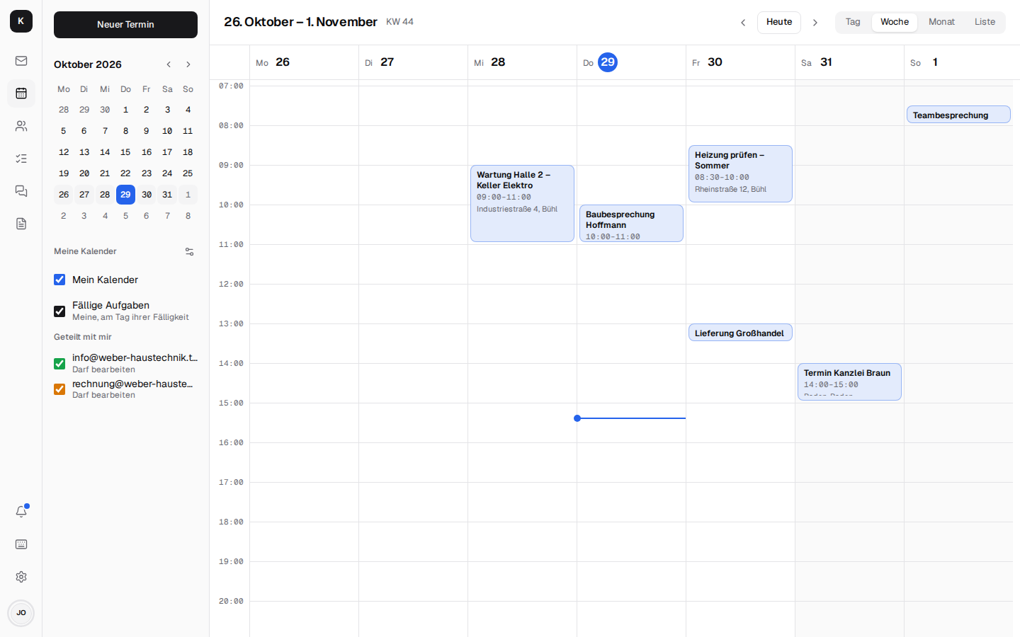 Kalender in der Wochenansicht mit Baubesprechung, Wartungstermin und Monatsübersicht