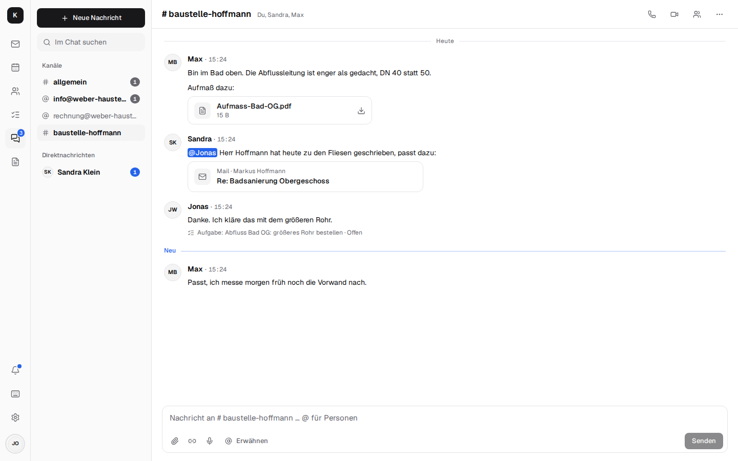 Team chat with a site report, a customer's mail shared as a card and a task