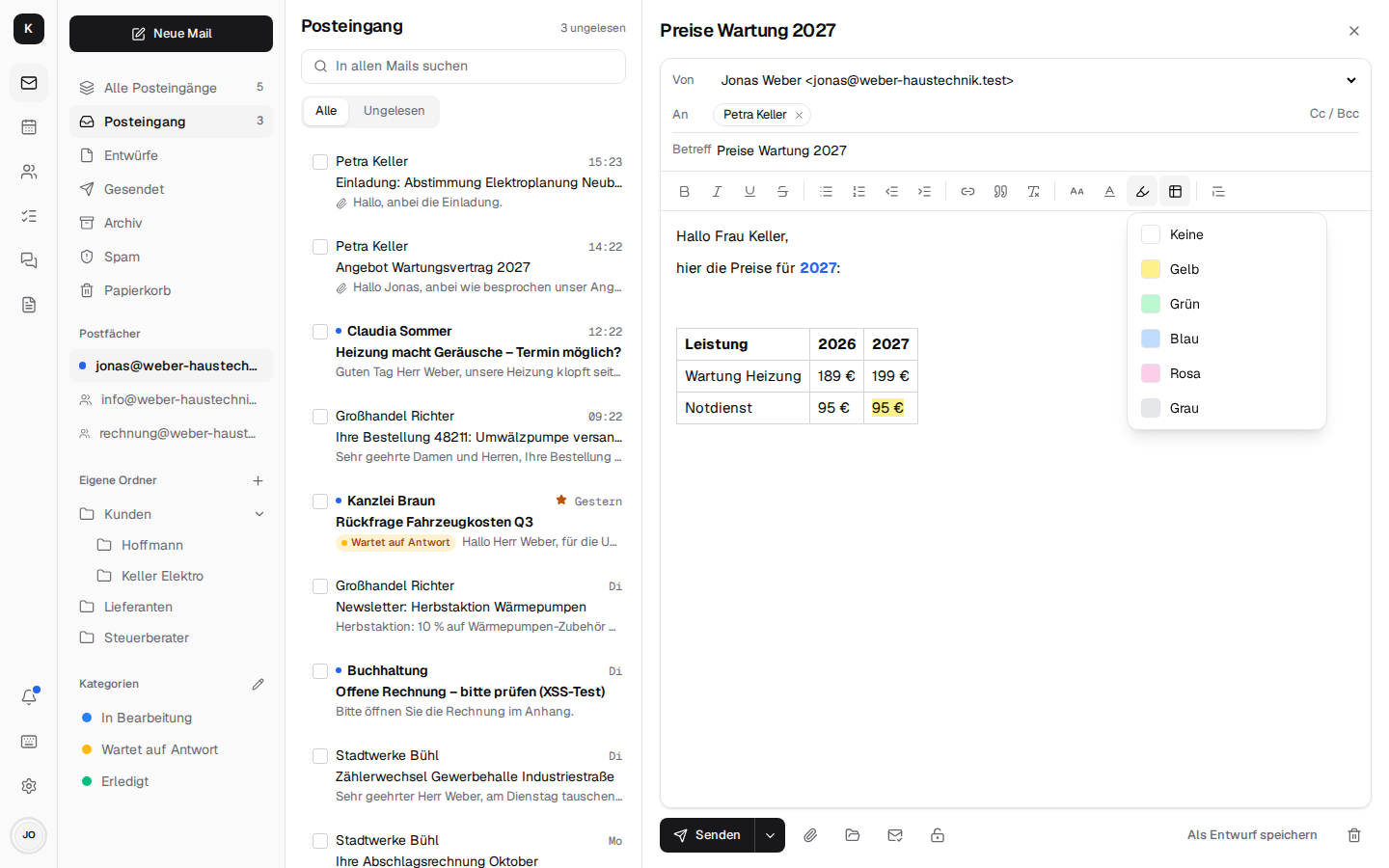 Neue Mail mit Tabelle, blauem Text und dem Menü „Hintergrundfarbe“