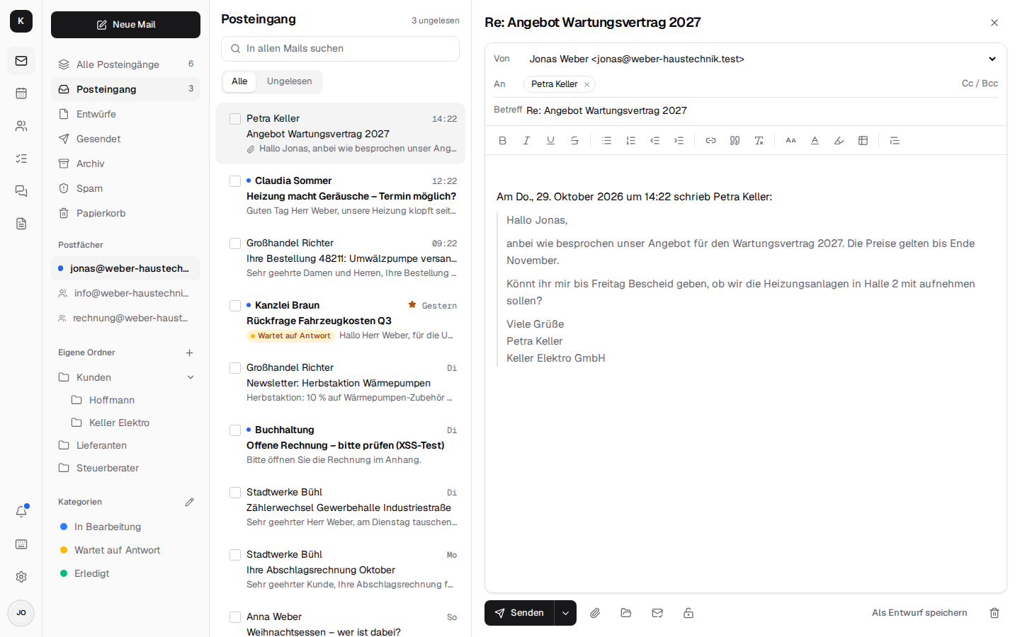 Writing a reply with the formatting bar, the quote and the choice of sender