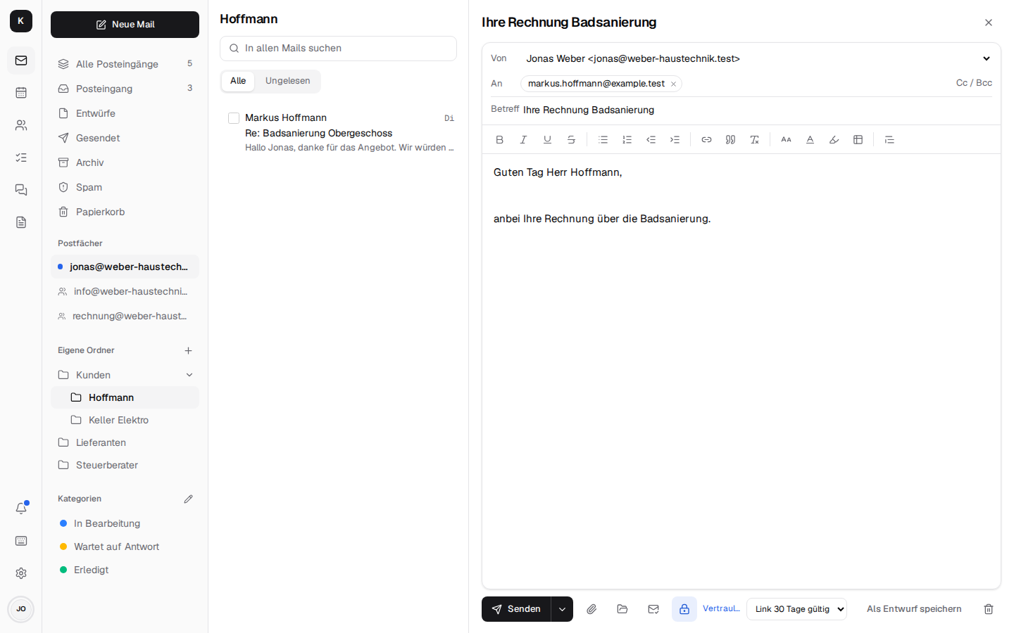 A mail to a customer is sent confidentially, by link with a code