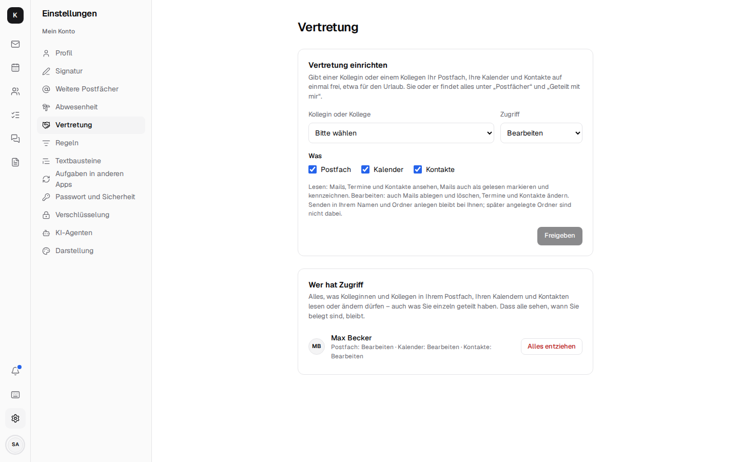 Einstellungen, Vertretung: Max Becker darf Postfach, Kalender und Kontakte bearbeiten