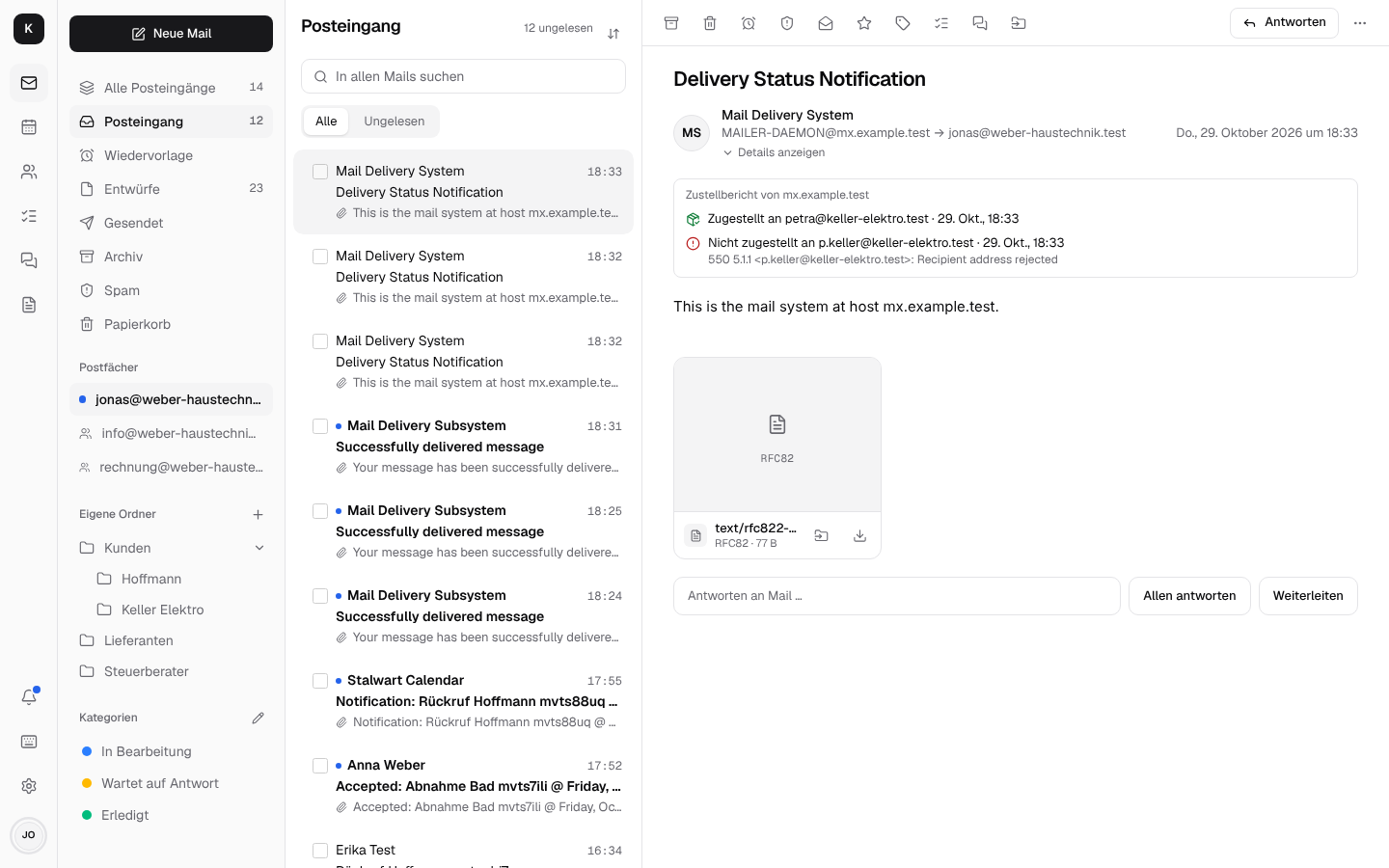 Ein Zustellbericht: an Petra Keller zugestellt, an p.keller nicht, mit der Begründung des Servers