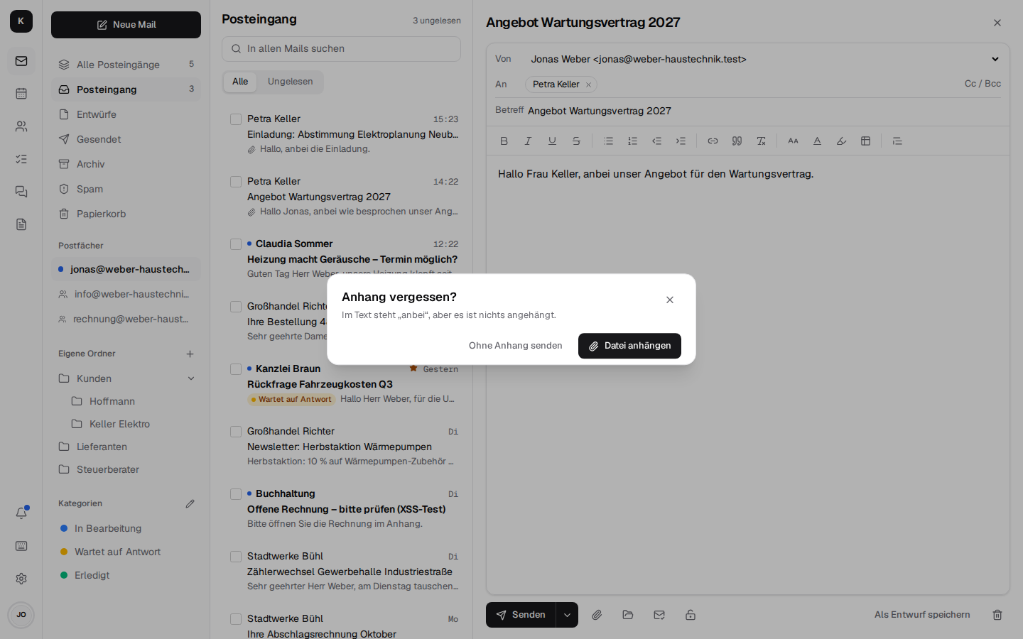 Rückfrage „Anhang vergessen?“ beim Senden einer Mail mit „anbei“ ohne Anhang
