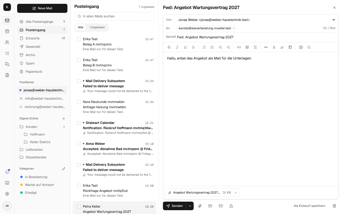 „Als Anhang weiterleiten“: neue Mail mit „Fwd: Angebot Wartungsvertrag 2027“ und der Datei „Angebot Wartungsvertrag 2027.eml“