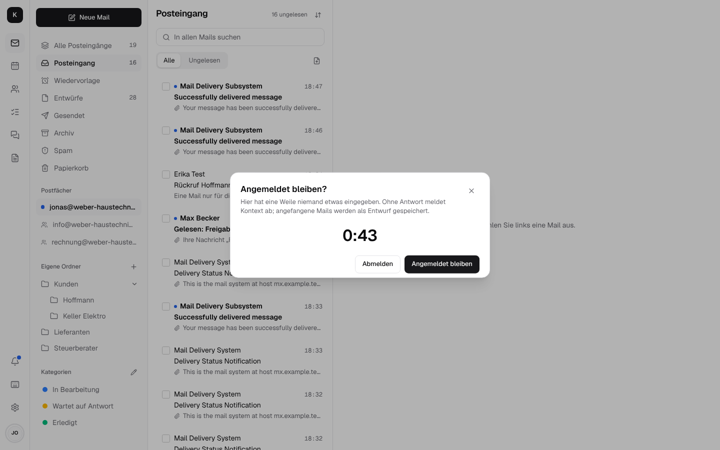 „Angemeldet bleiben?“ mit Countdown über dem Posteingang