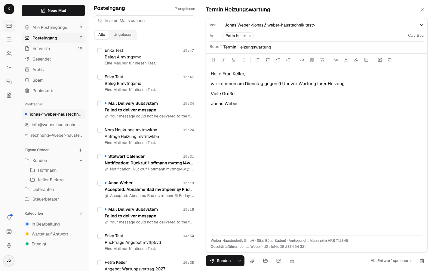 Neue Mail, darunter grau die Pflichtangaben der Firma