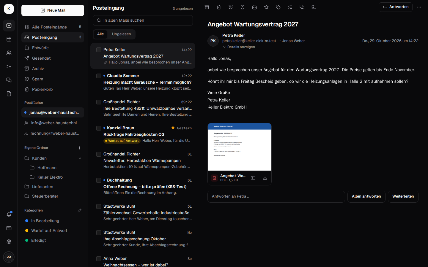 Inbox in the dark theme with categories, a folder per customer and a mail with a PDF preview