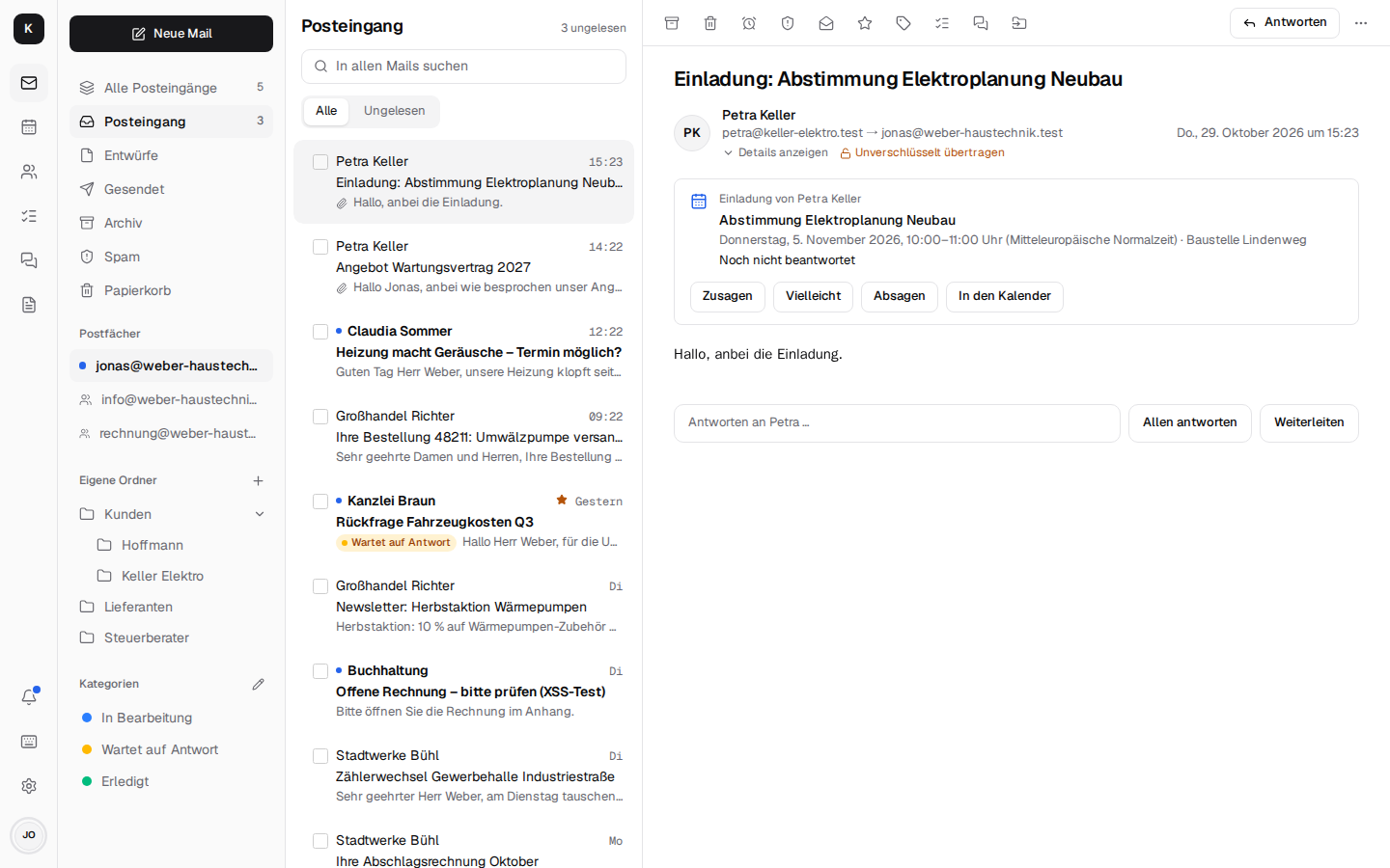 Einladung von Petra Keller in der Mail mit Zusagen, Vielleicht, Absagen und In den Kalender