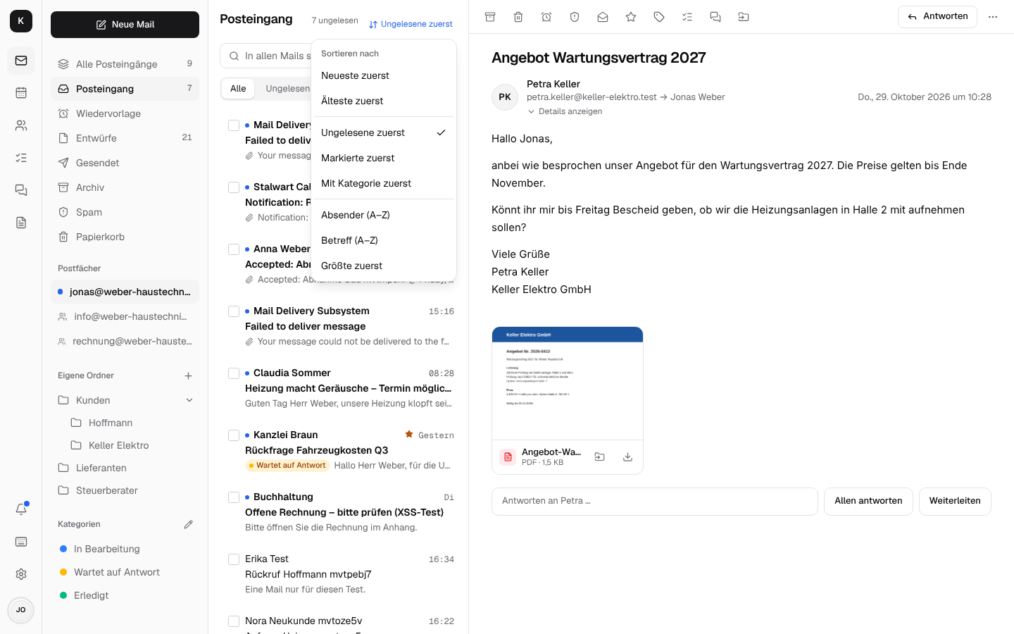 Posteingang mit dem geöffneten Menü „Sortieren nach“, gewählt „Ungelesene zuerst“