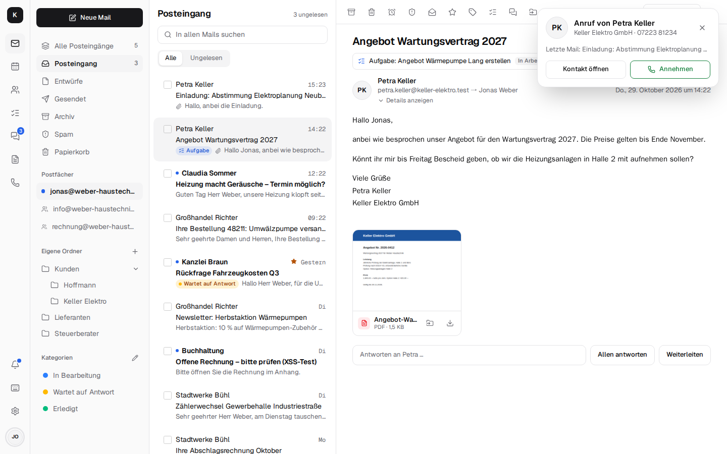 Ein Anruf über die Fritzbox klingelt in Kontext: Karte mit Kontakt, Firma, Nummer und letzter Mail von Petra Keller, daneben der Posteingang