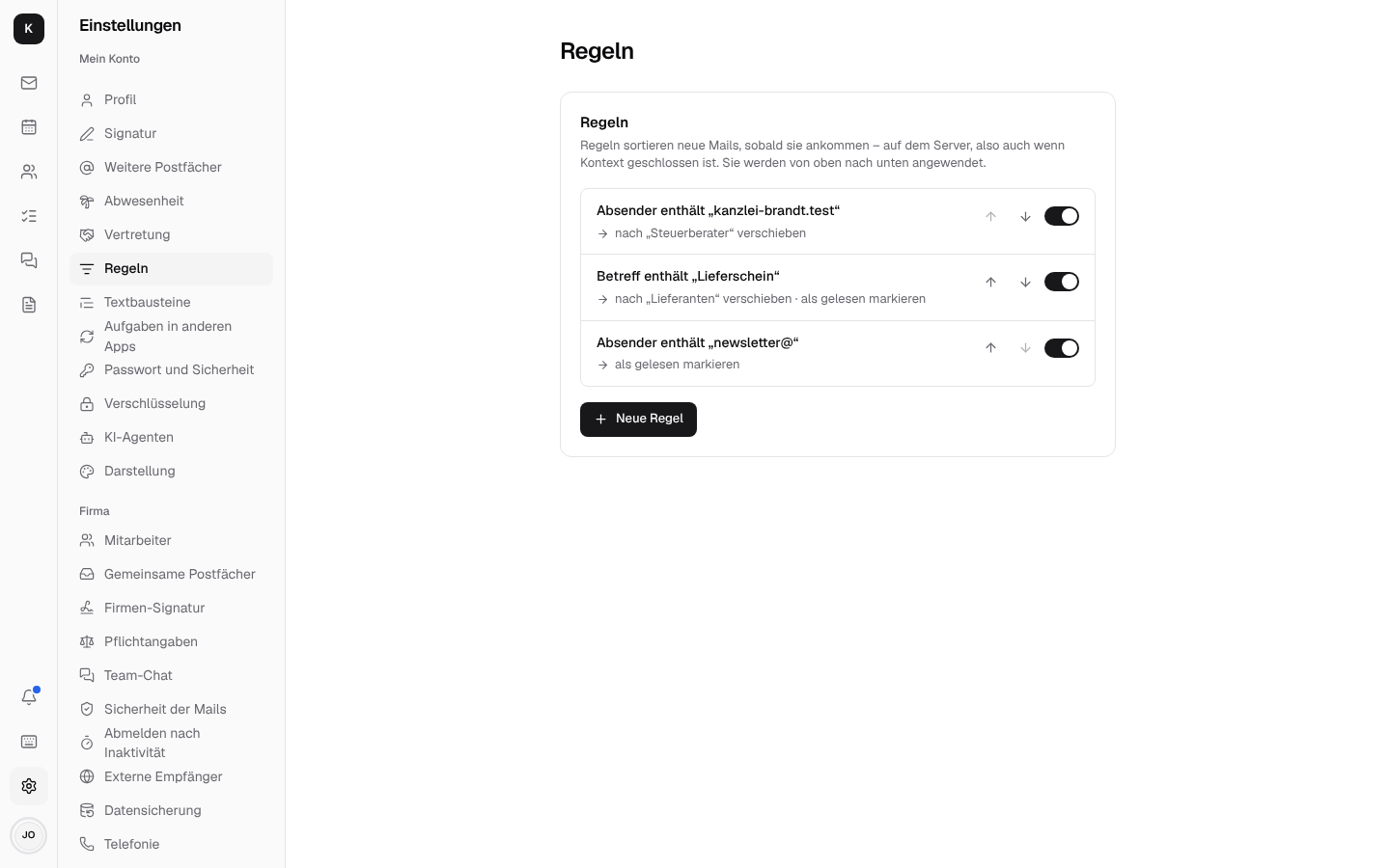 Einstellungen, Regeln: Mails einer Kanzlei nach „Steuerberater“, Lieferscheine nach „Lieferanten“ und gelesen, Newsletter gelesen