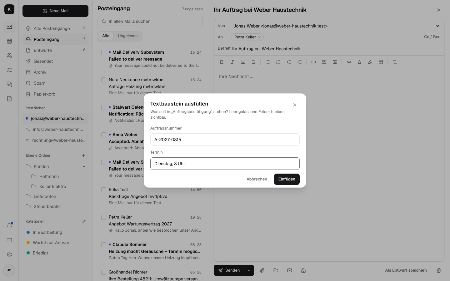 Fenster „Textbaustein ausfüllen“ mit den Feldern Auftragsnummer und Termin über einer neuen Mail