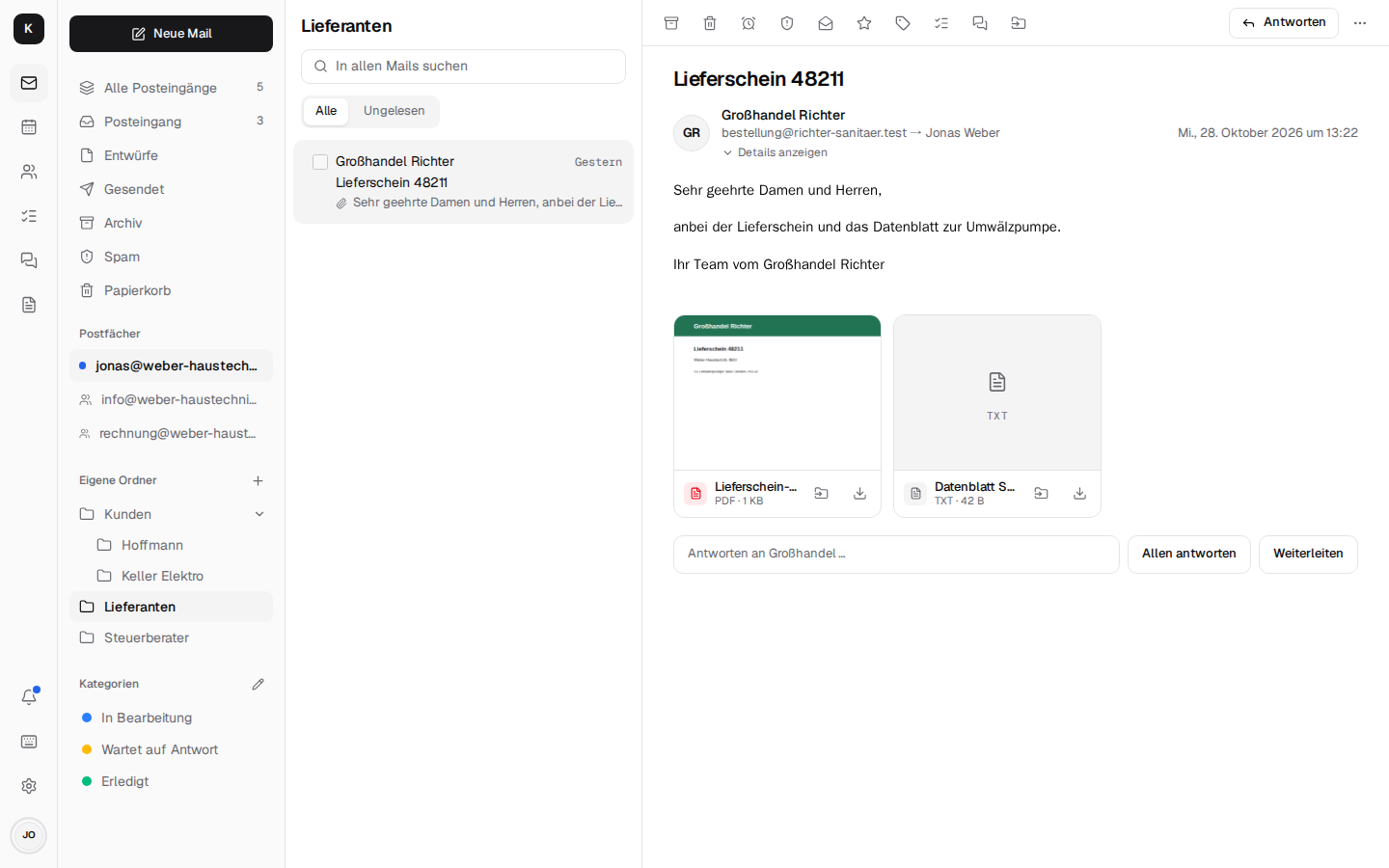 Eine Mail mit winmail.dat: darunter Lieferschein-48211.pdf mit Vorschau und eine Textdatei