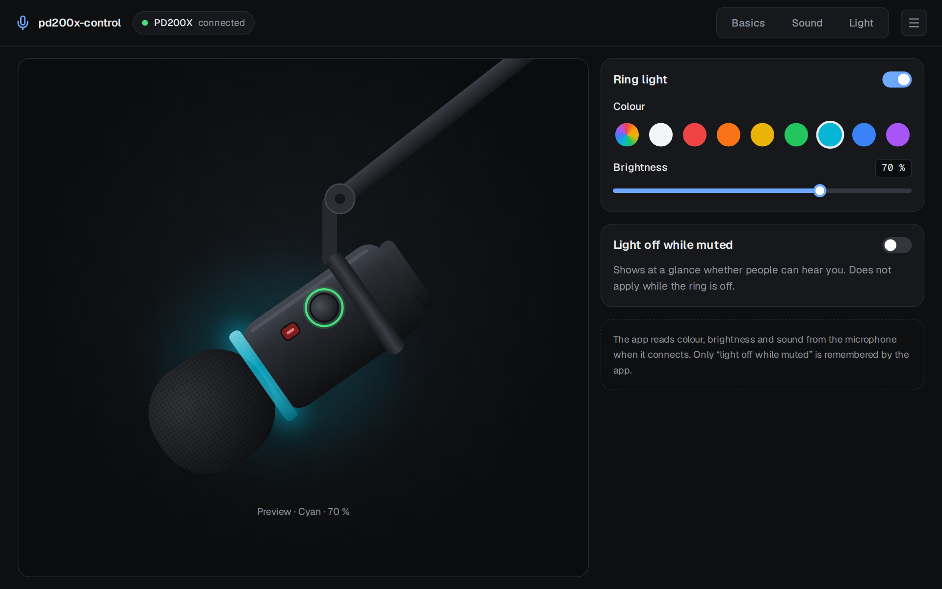 The light page: a drawing of the microphone on its arm with the ring in cyan, colour choice, brightness and "light off while muted"