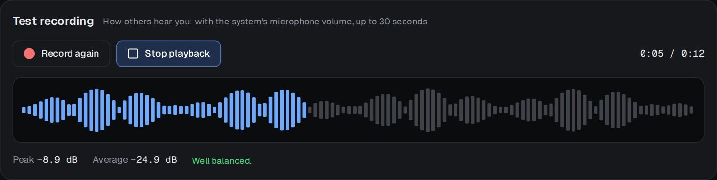 A test recording playing: its waveform, peak −8.9 dB, average −24.9 dB, "well balanced"