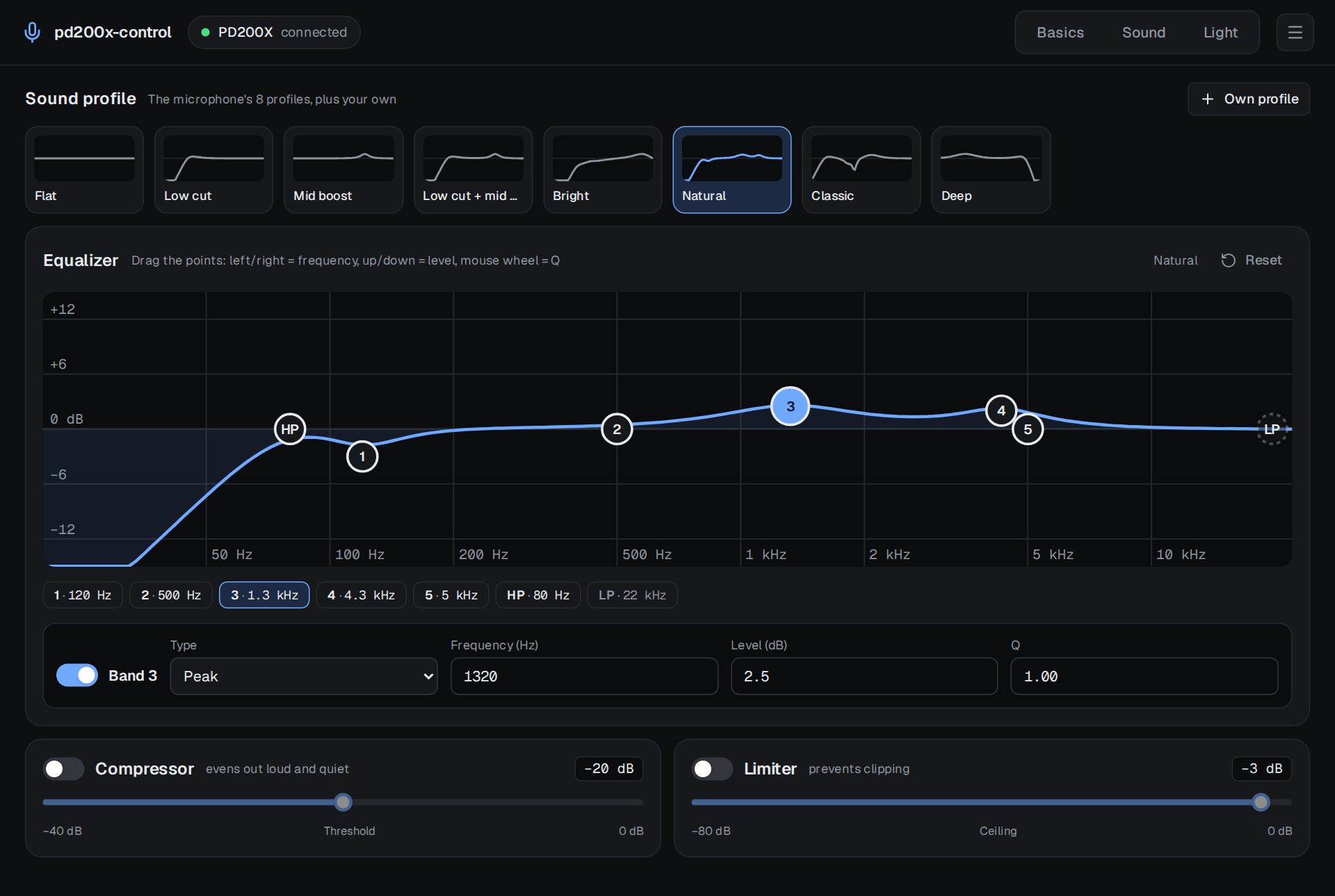The sound page: eight profiles with their curves, the "Natural" profile on the EQ graph with band 3 selected, compressor and limiter
