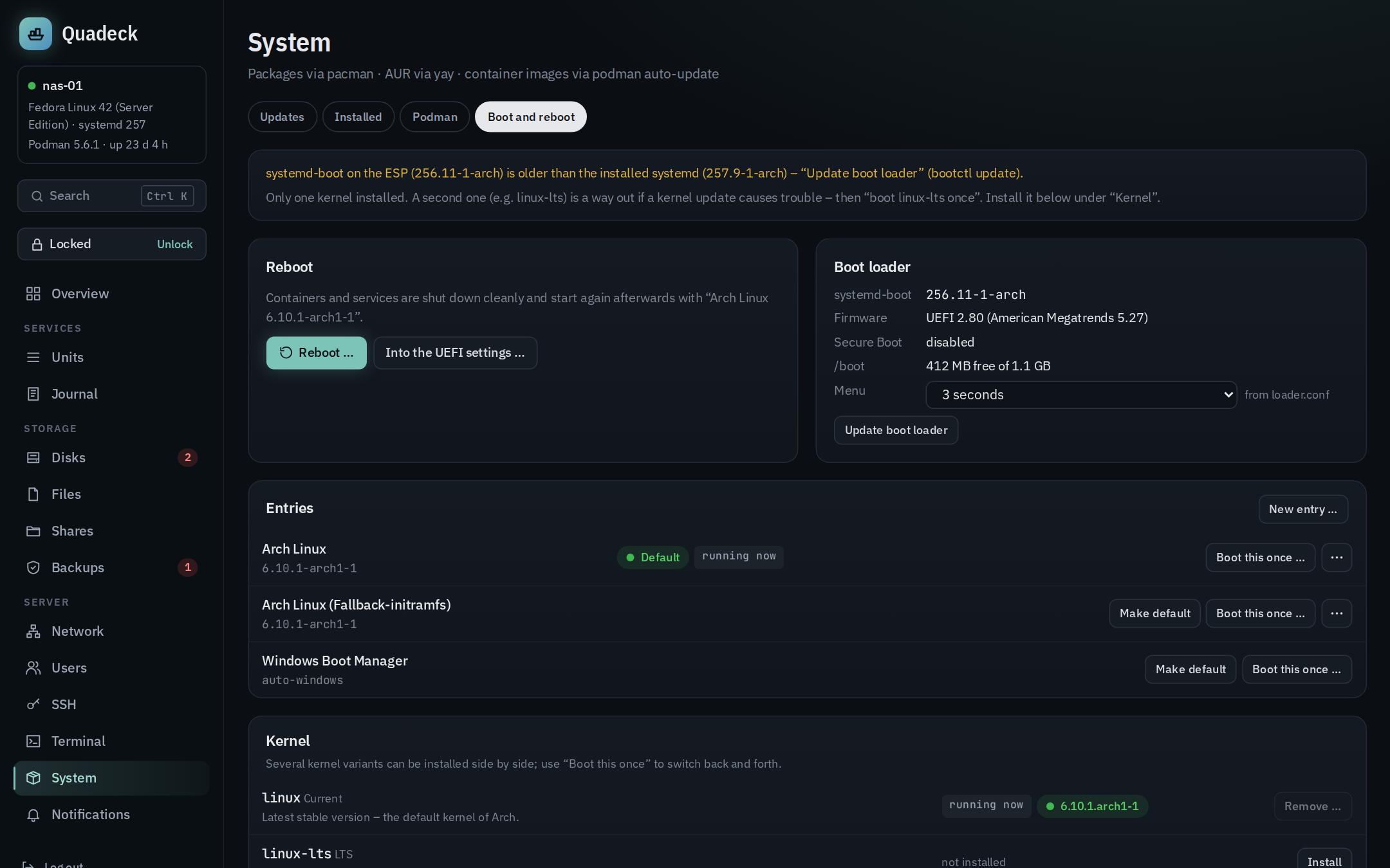 Boot and reboot: hints, reboot, boot loader, systemd-boot entries and kernels