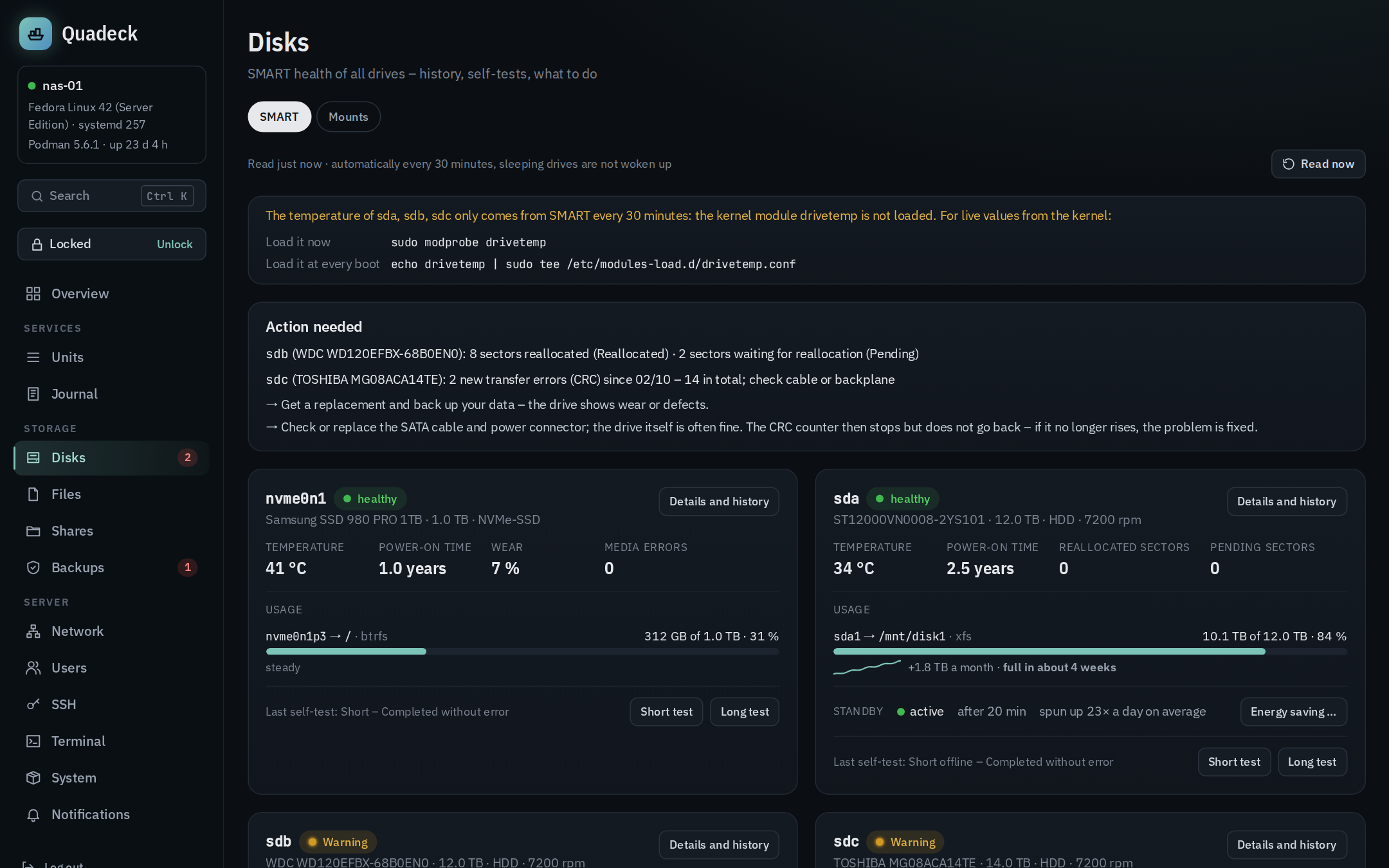 Disks page: SMART verdict, temperature, hours and sector counters per disk, with advice