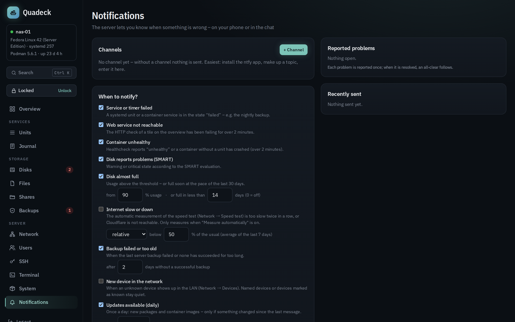 Notifications: an ntfy channel, the rules, the currently reported problems and the last messages
