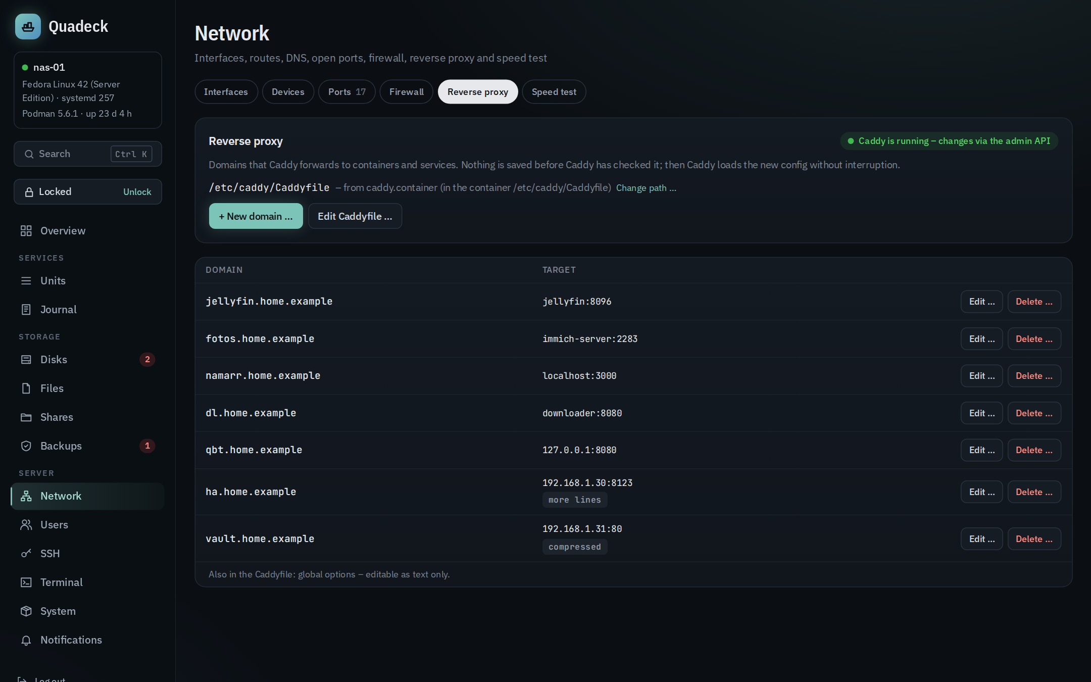 Reverse proxy: the Caddyfile found through caddy.container, domains with their targets