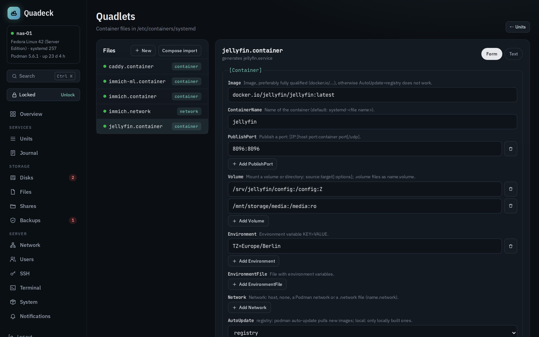 Quadlet editor: jellyfin.container as a form