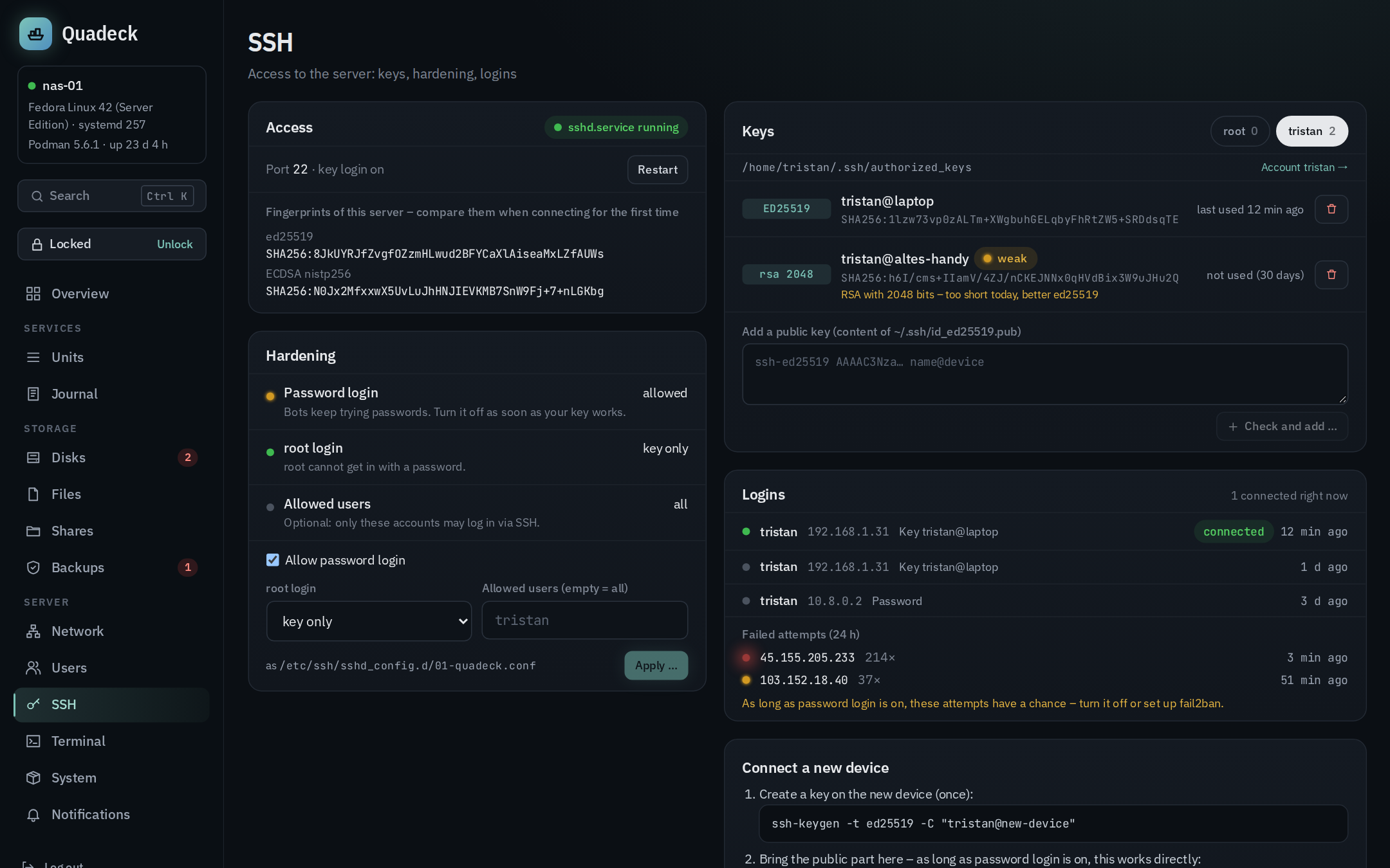 SSH page: service state and host fingerprints, keys per user with last use, hardening settings, recent logins