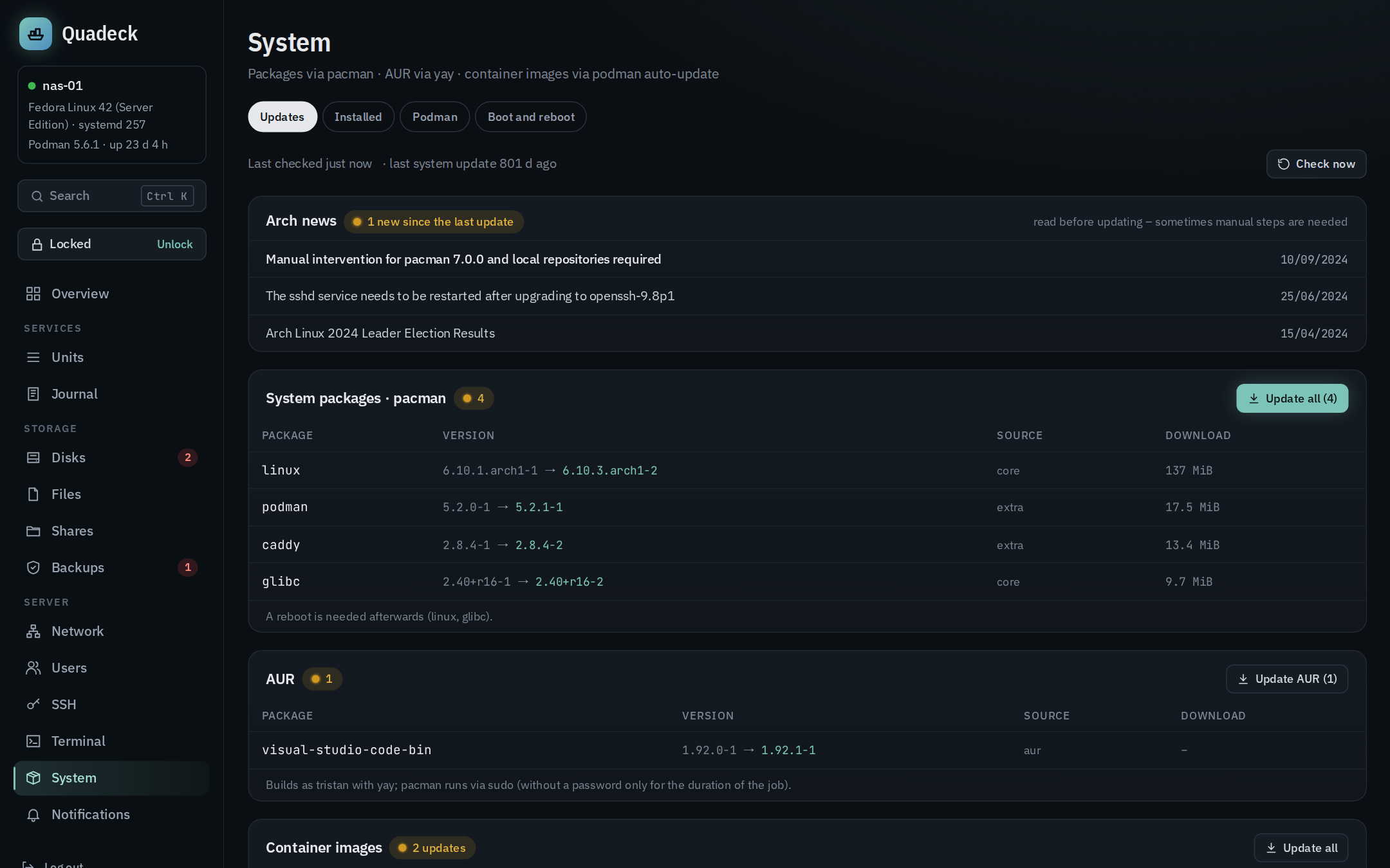 System page: Arch news, pacman and AUR updates, container image updates