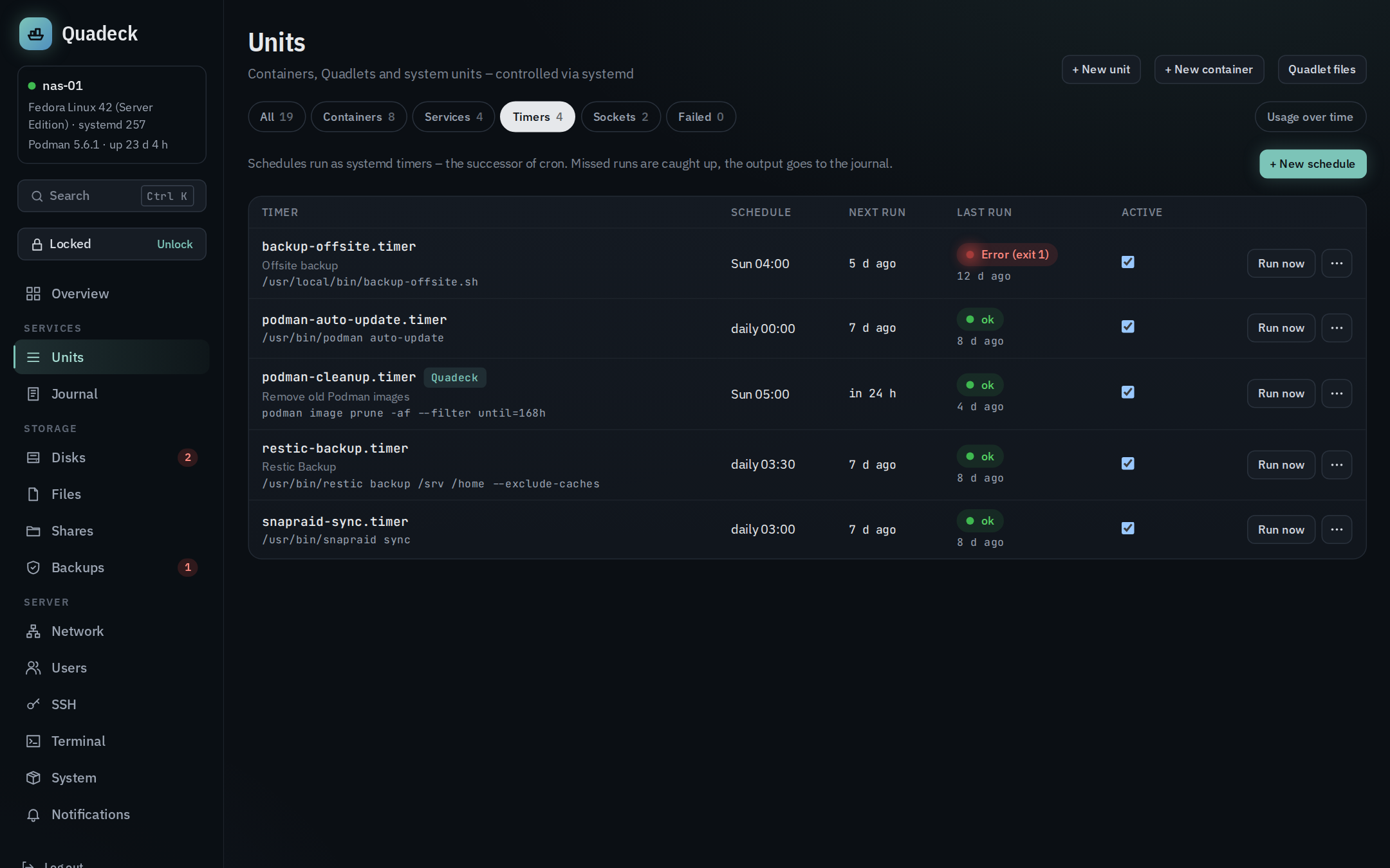 Timers: schedule, next and last run, result and command per timer
