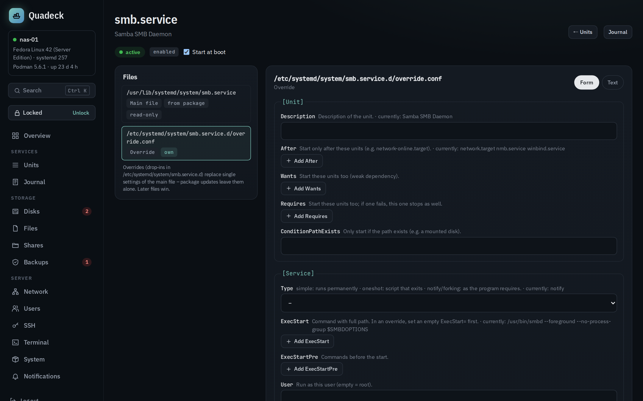 Unit editor: smb.service with its vendor file and an override edited as a form