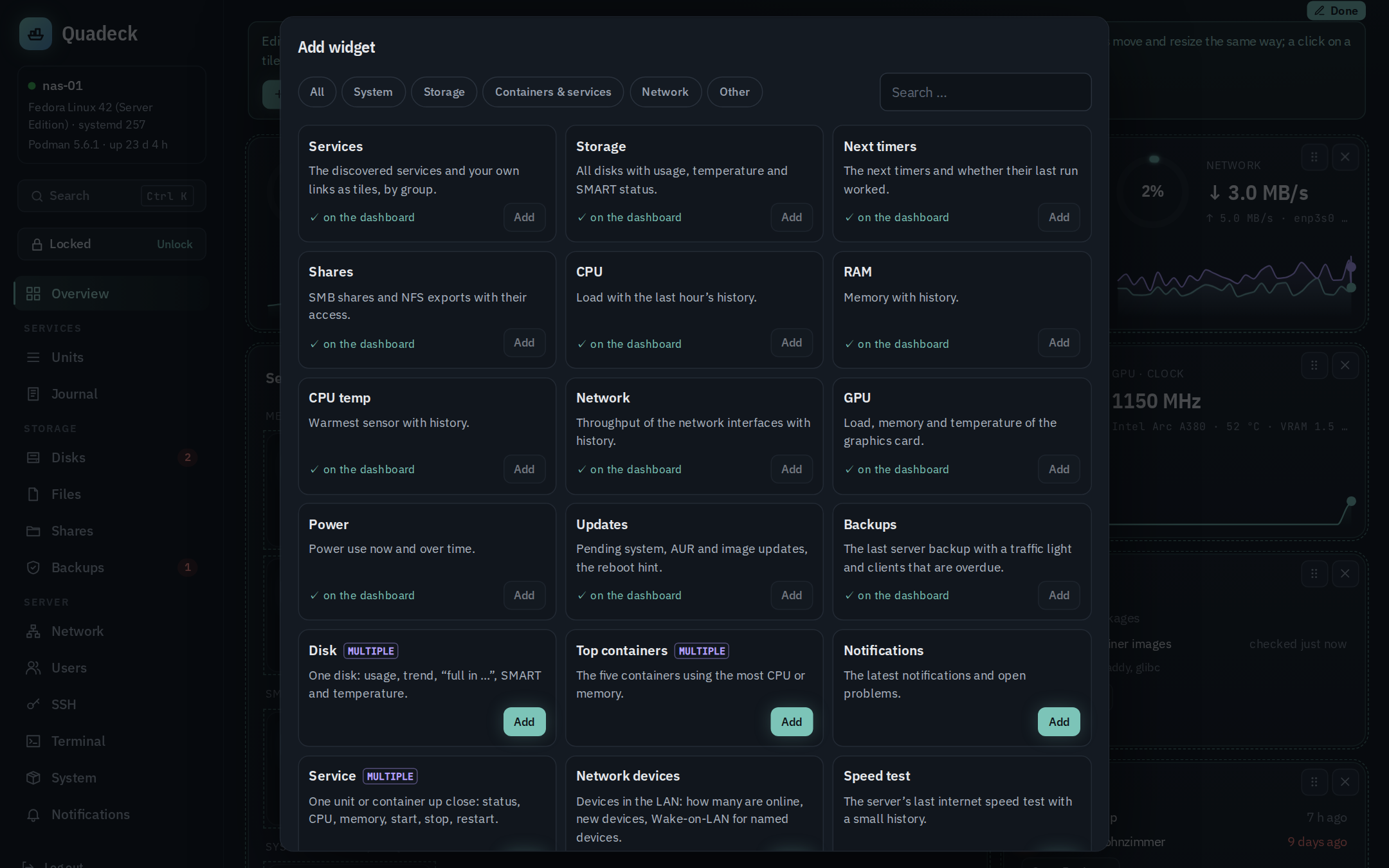The widget catalog: categories, search, every widget with what it shows, which are already on the overview, and Add buttons