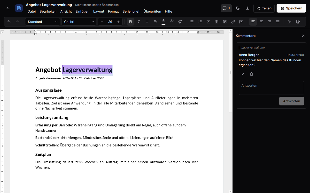A quote as a Word document in the browser, dark theme