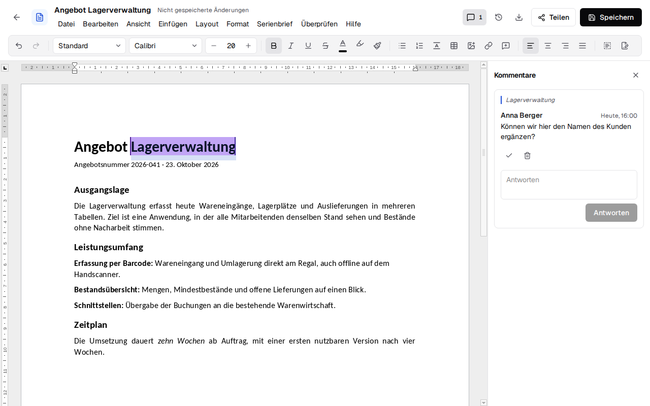 Editing a quote as a Word document in the browser, with a colleague's comment