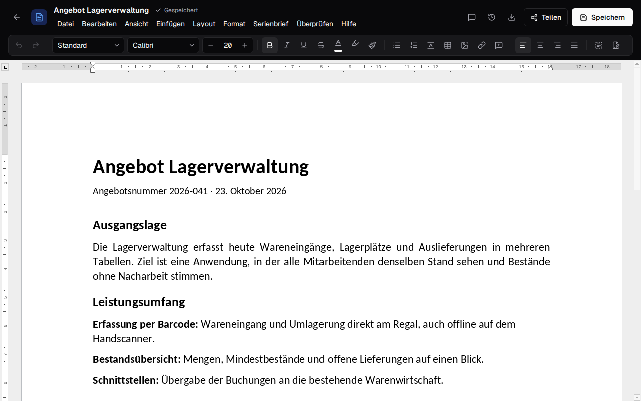 Schreibzeug in the browser: a Word document with the toolbar